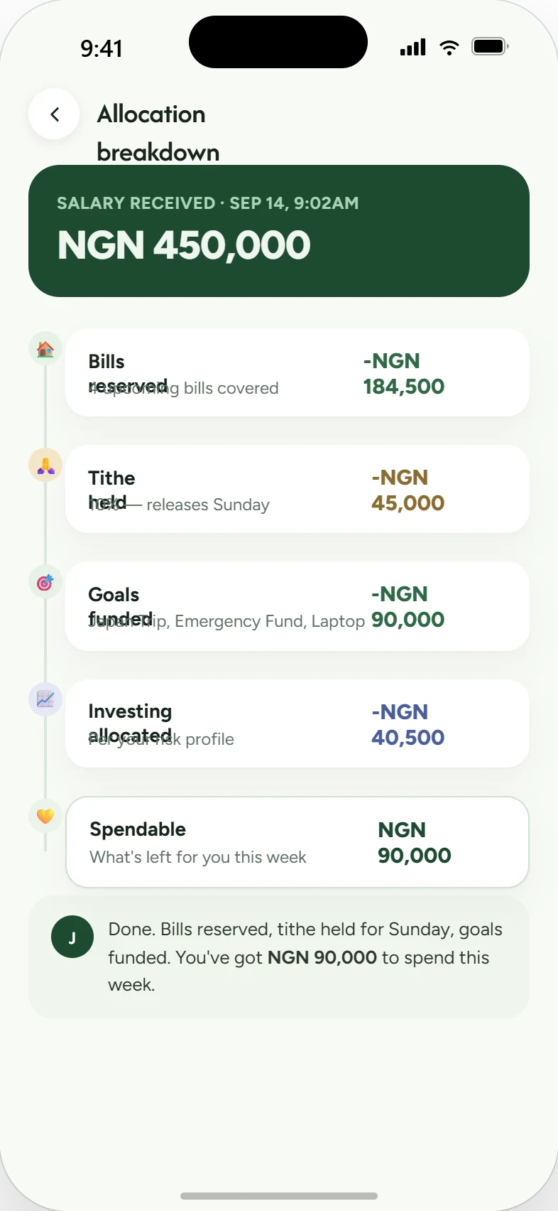 Allocation breakdown after a salary lands