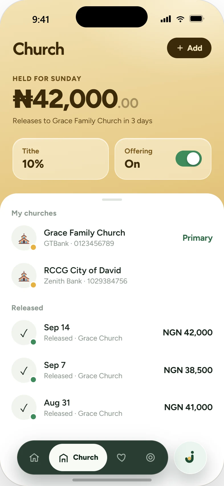 Church: tithe and offering held for Sunday