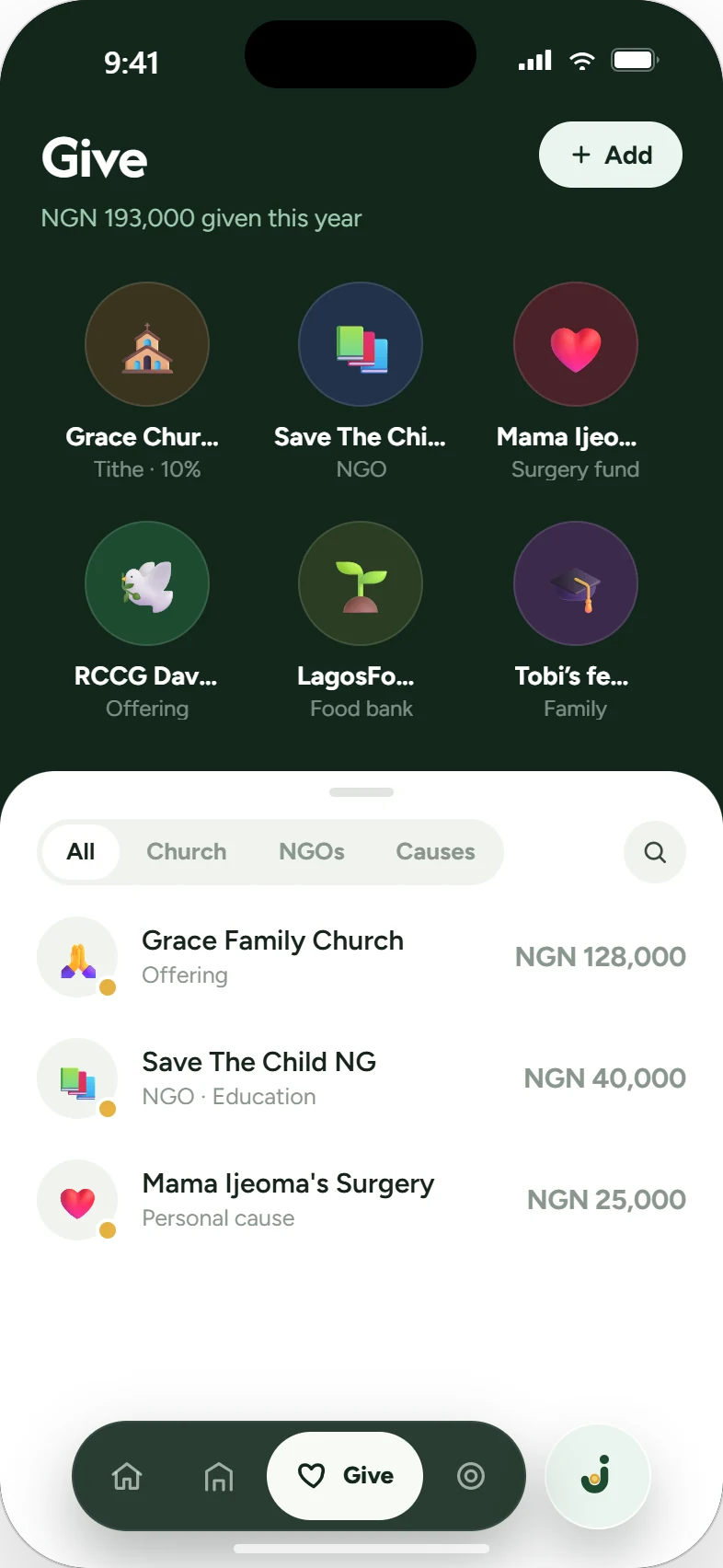 Give: causes, churches and NGOs