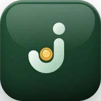 The Jide app icon: a white J with a gold coin on forest green