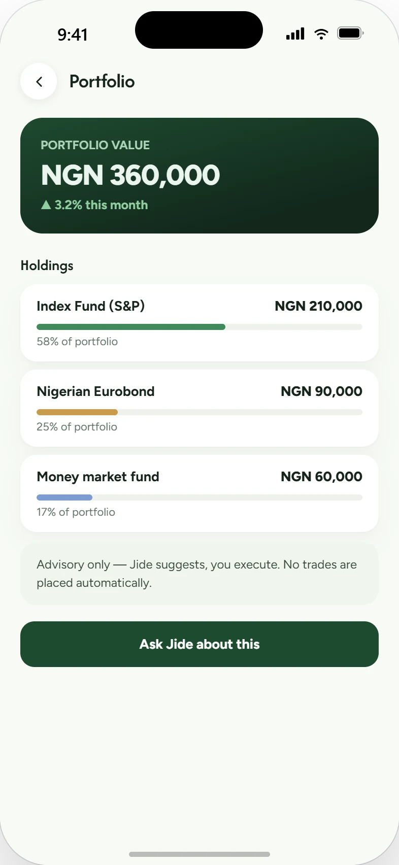 Portfolio: holdings and advice, advisory only